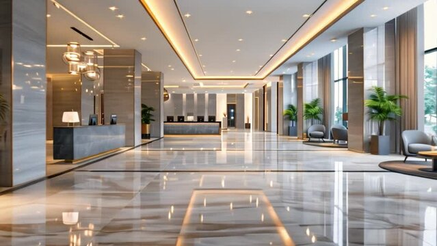A grand hotel lobby featuring a polished marble floor and a sparkling chandelier hanging from the ceiling.