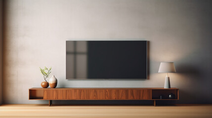 smart television on a tv rack against gray wall in empty room