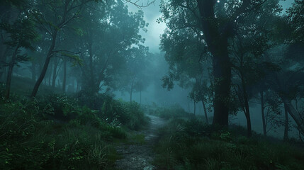 Misty forest, eerie atmosphere, dense fog, tall trees, twilight