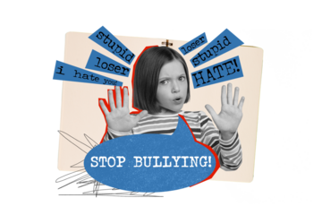 Artwork collage of black white effect girl arms demonstrate stop bullying gesture stupid loser i hate you words isolated on yellow background