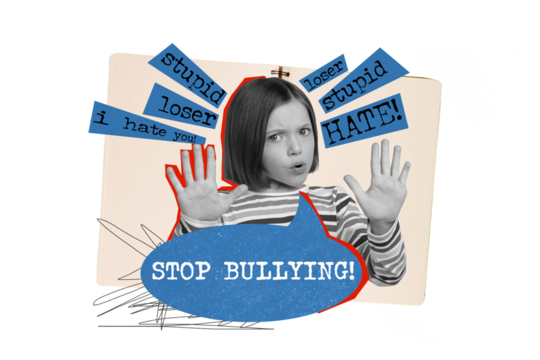Artwork collage of black white effect girl arms demonstrate stop bullying gesture stupid loser i hate you words isolated on yellow background - Powered by Adobe