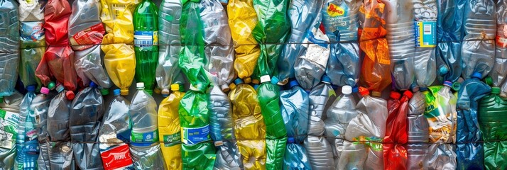 Obraz premium Compressed and colorful plastic bottles in a recycling facility showing sustainability
