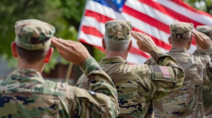 multigenerational group of veterans saluting the american flag on memorial day patriotism concept