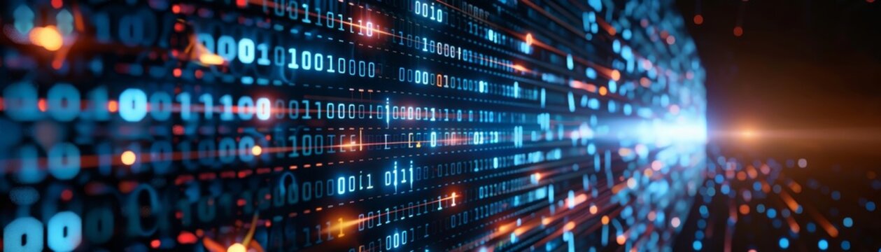 Abstract visualization digital data stream with glowing binary code perfect for technology and data related concepts.
