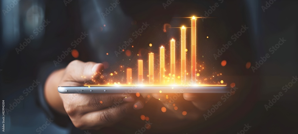 Poster glowing digital financial growth chart displaying business analytics and data insights on mobile pho