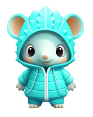 Cute cartoon mouse wearing a blue hooded jacket with spikes on the hood.