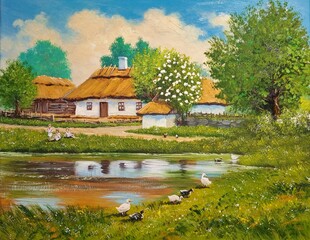 Obraz premium Oil paintings rustic landscape with a lake in the village