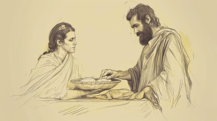 Biblical Illustration: Elijah and Widow, Endless Oil and Flour, Famine Relief, Beige Background, Copyspace
