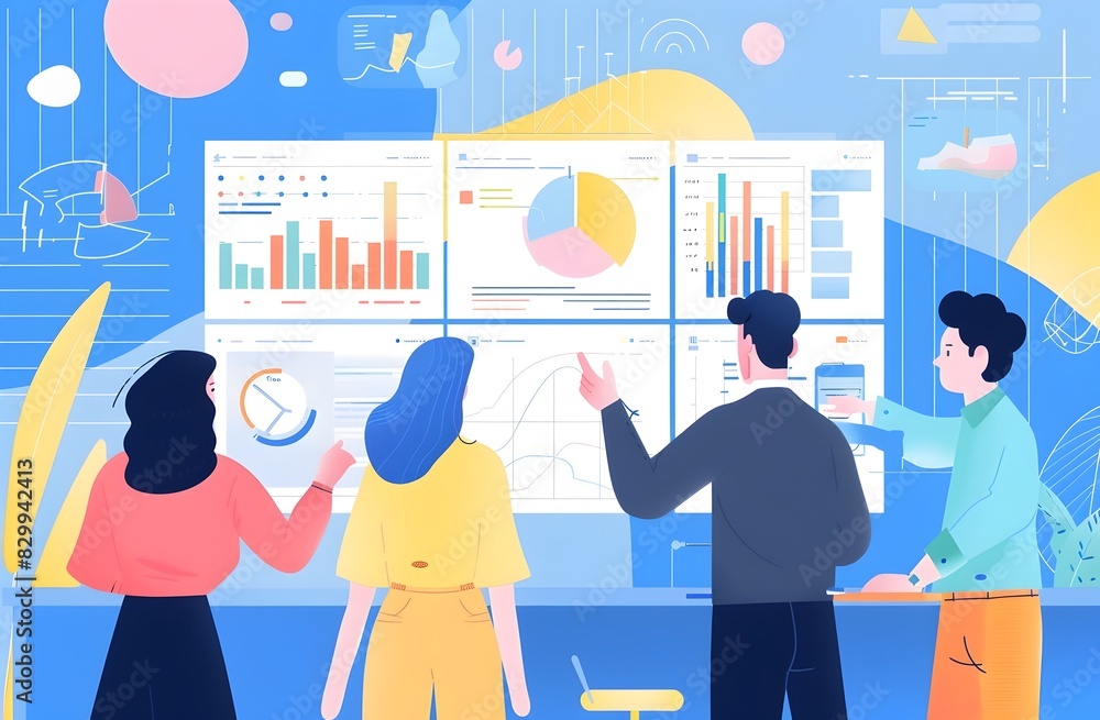 Poster business team collaborating and analyzing data visualizations during a corporate meeting