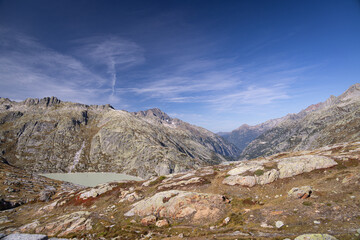 View of mountains surrounding Räterichsbodensee and Grimselsee, Switzerland	