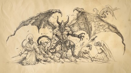 Obraz premium Biblical Illustration: Release of Satan, Final Rebellion and Defeat, Beige Background, Copyspace