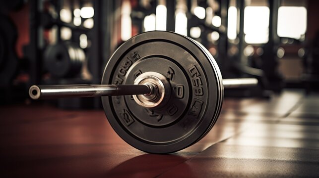 Black steel burbell disks in the gym, gym equipment concept. Close-up. Workout training and fitness gym concept.