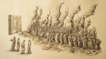 Biblical Illustration: Final Judgment of Dead, Book of Life, Lake of Fire, Beige Background, Copyspace