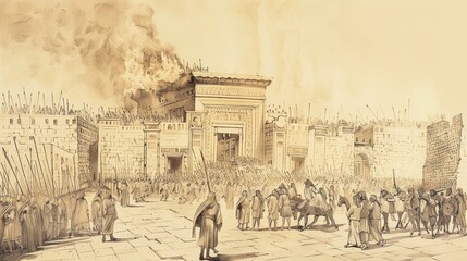 Fototapeta premium Biblical Illustration: Jerusalem's Fall, Babylonians Conquer, Burning Temple, Exile, Beige Background, Copyspace