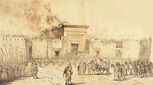 Biblical Illustration: Jerusalem's Fall, Babylonians Conquer, Burning Temple, Exile, Beige Background, Copyspace