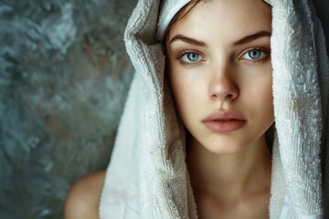 Obraz premium person with a towel in the head. beauty and care concept