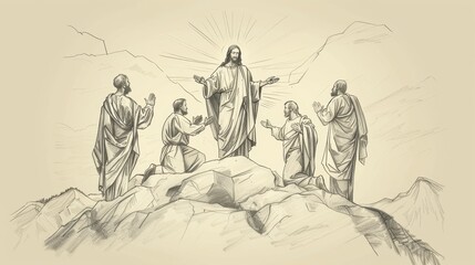 Biblical Illustration: Jesus' Transfiguration, Moses and Elijah, Disciples Watch, Mountaintop, Beige Background, Copyspace