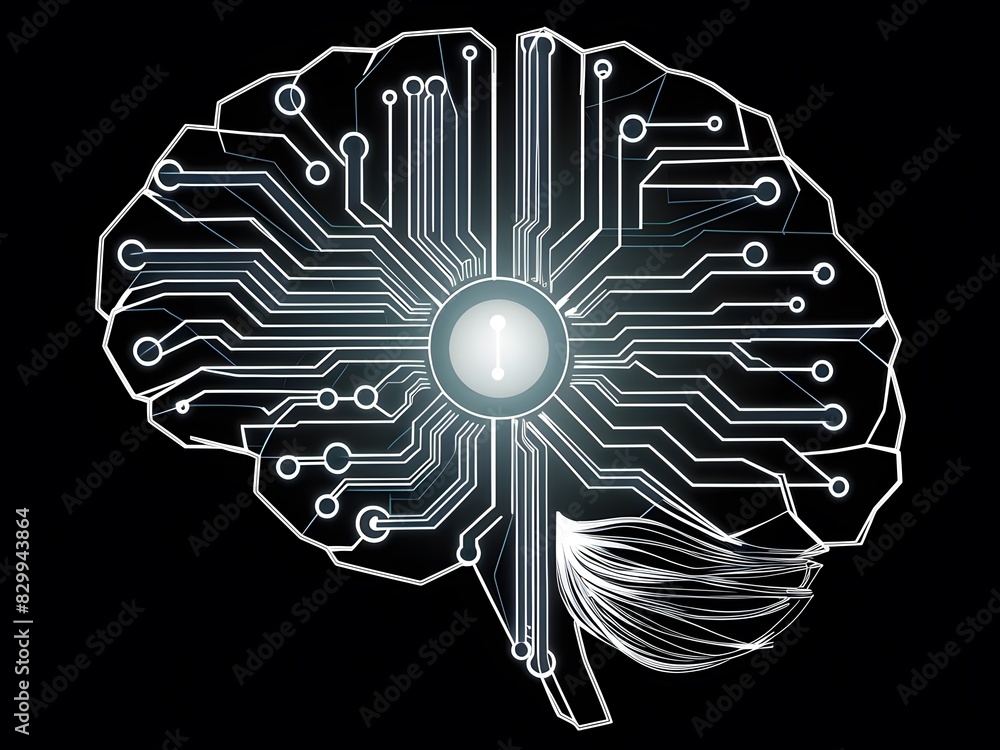 Poster close-up of a brain with detailed cybernetic neuron and circuit connections
