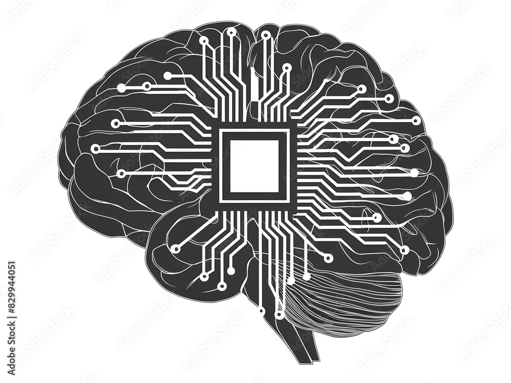 Poster close-up view of brain integrated with circuits and microchips