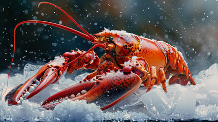 A vibrant lobster on a ice. The composition emphasizes the freshness and quality of the lobster.