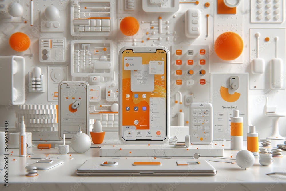 Poster white and orange digital circuitry representing technology and data security in a minimalist, high-t