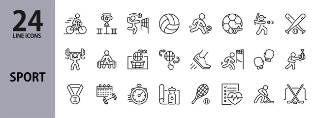 Sport line icons set with Tennis, Football, Volleyball, Basketball, Bicycle, Boxing, Baseball, Hockey, Stopwatch, Medal and more. Editable Stroke