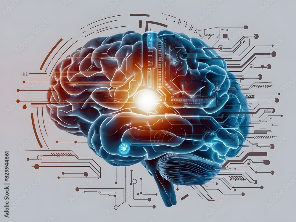 Aufkleber close-up of a brain blended with glowing wires and tech interfaces