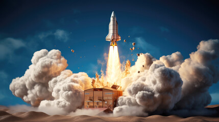 generated illustration of rocket launching from cardboard box, startup concept