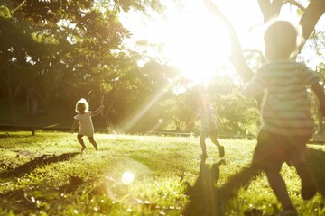 A candid moment of children playing in a sunlit park, capturing the joy and innocence of childhood