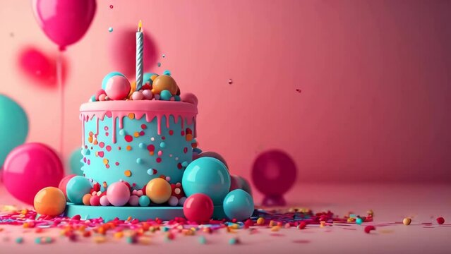 Vibrant birthday cake with balloons and confetti on background with copy space