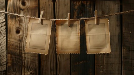 nostalgic memory showcase with hanging clothesline and blank photos on wooden background