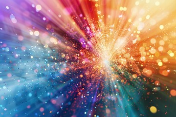 A dynamic, abstract background of particles bursting outward in a vivid array of colors, conveying energy and innovation