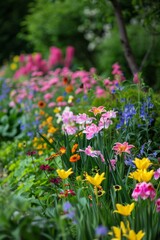 A vibrant spring garden in full bloom with a variety of flowers and lush greenery, capturing the beauty of nature