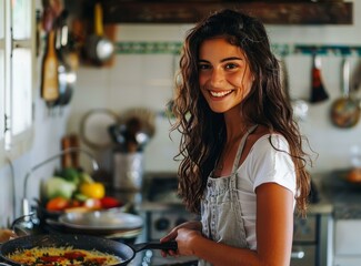 Smiling Woman Cooking in the Kitchen