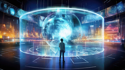 generated illustration of man watching multimedia wall