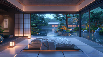 A Beautiful Modern Bedroom with a Comfortable Bed in Japanese Style

