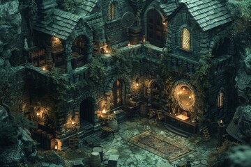 Medieval Stone Library at Night in a Mystical Forest Setting With Glowing Lanterns