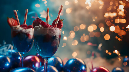 Festive cocktails with fresh fruit and paper umbrellas, set against a backdrop of bokeh lights and...