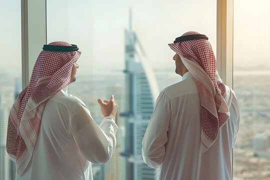 Saudi Arabian businessmen meeting to discuss a project, standing in front of large glass windows and looking at buildings.