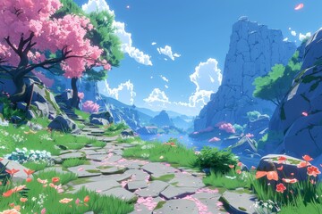 Beautiful Spring Morning in a Mountainous Landscape With Blooming Cherry Blossoms