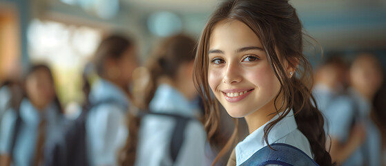 Dynamic Balance, Young Girl in School Uniform and Backpack, Indian Pop Culture Style