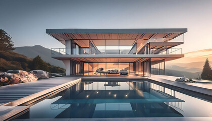 Modern luxury building made of glass and metal at sunset
