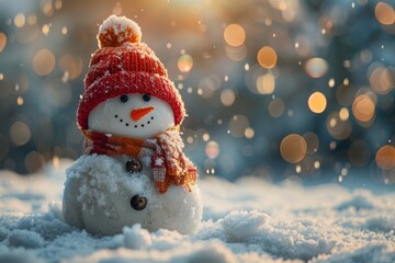 Winter Snowman With Red Hat and Scarf Glowing in Snowy Forest at Sunset