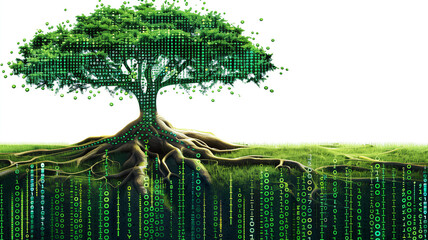 Eco-friendly data concept with a digital tree and binary leaves