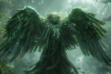 Majestic Green Feathery Being in Enchanted Forest at Dawn