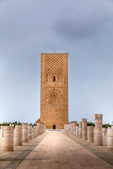 Rabat, Morocco - March 23, 2024: Hassan Tower at the Mausoleum of Mohammed V, built to honor the memory of the late King Mohammed V