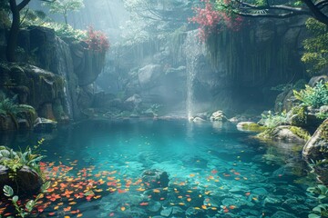 Sunlight Filtering Through Trees Over Tranquil Forest Waterfall and Pond