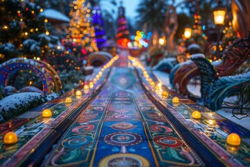 Colorful Festive Christmas Pathway With Twinkling Lights on a Winter Night