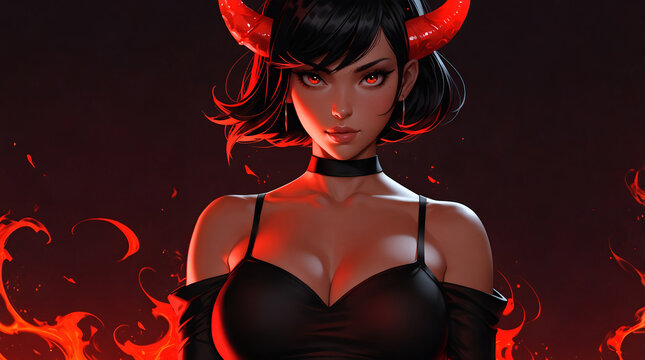 Picture a female demon devil with fiery black eyes in the anime style. Dark background. Wallpaper art