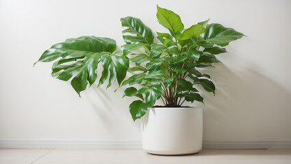 a potted Alocasia plant with dark green leaves and a white pot.
